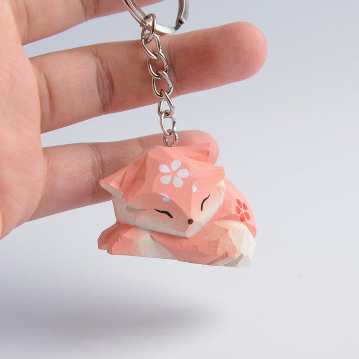 Pink Fox Carved Wooden Sculpture Desktop Deocr Keychain For Gift