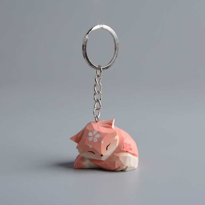 Pink Fox Carved Wooden Sculpture Desktop Deocr Keychain For Gift