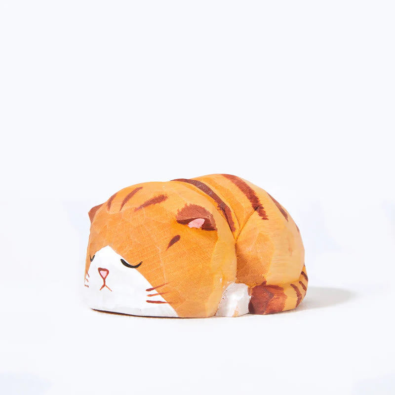 Sleeping Cat Carved Wooden Sculpture Desktop Deocr For Gift