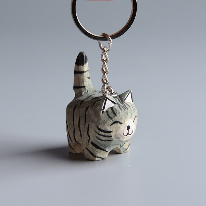 Smiling Cat Carved Wooden Sculpture Desktop Deocr Keychain For Gift