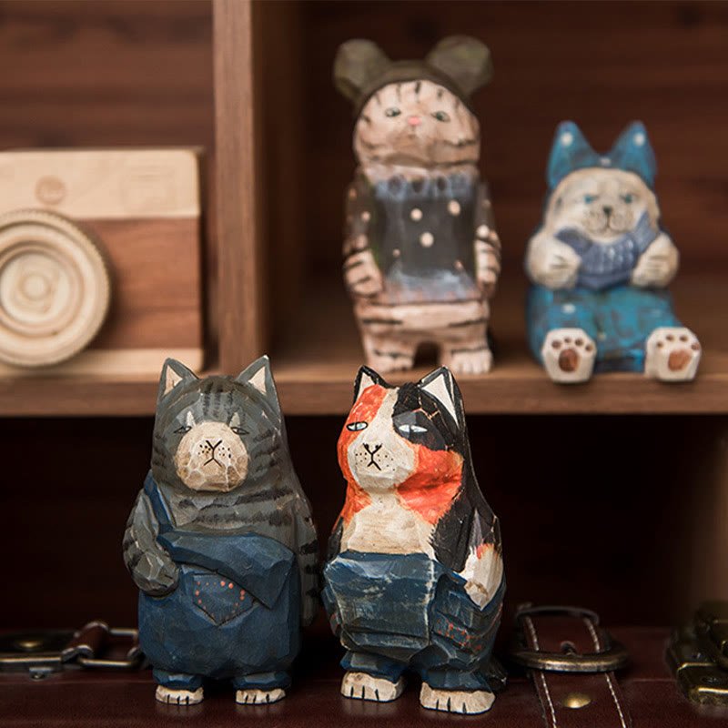 Cute Cats Carved Wooden Sculpture Desktop Deocr For Gift