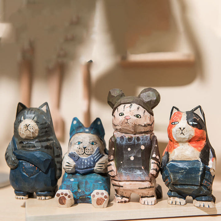 Cute Cats Carved Wooden Sculpture Desktop Deocr For Gift