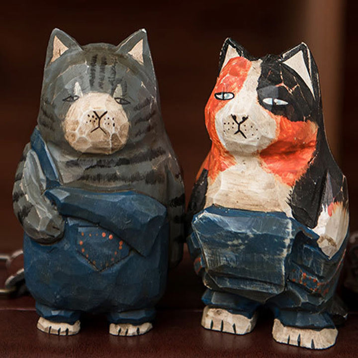 Cute Cats Carved Wooden Sculpture Desktop Deocr For Gift