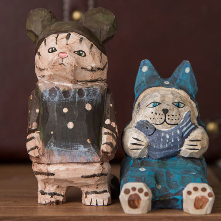 Cute Cats Carved Wooden Sculpture Desktop Deocr For Gift