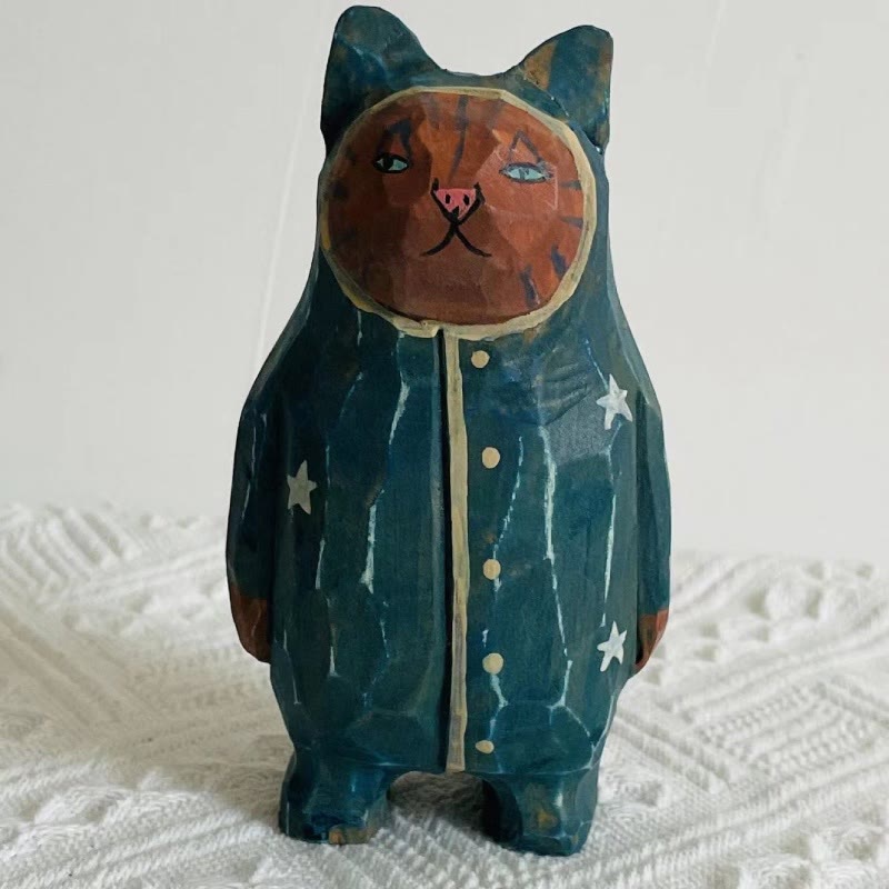 Cute Cats Carved Wooden Sculpture Desktop Deocr For Gift