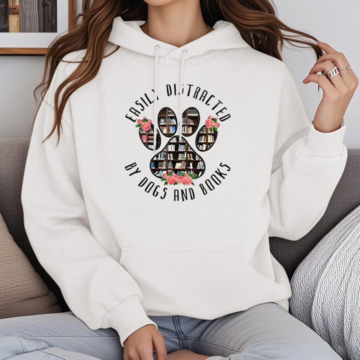 Easily Distracted Dogs And Books Fleece Lined Hoodie Long Sleeves Hoodie