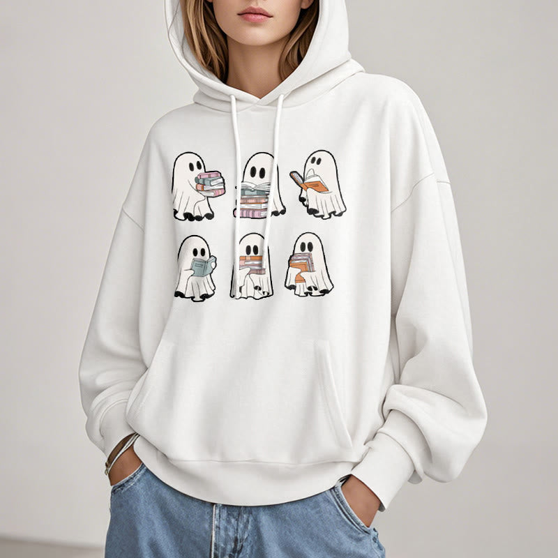 Ghost Reading Books Fleece Lined Hoodie Long Sleeves Hoodie