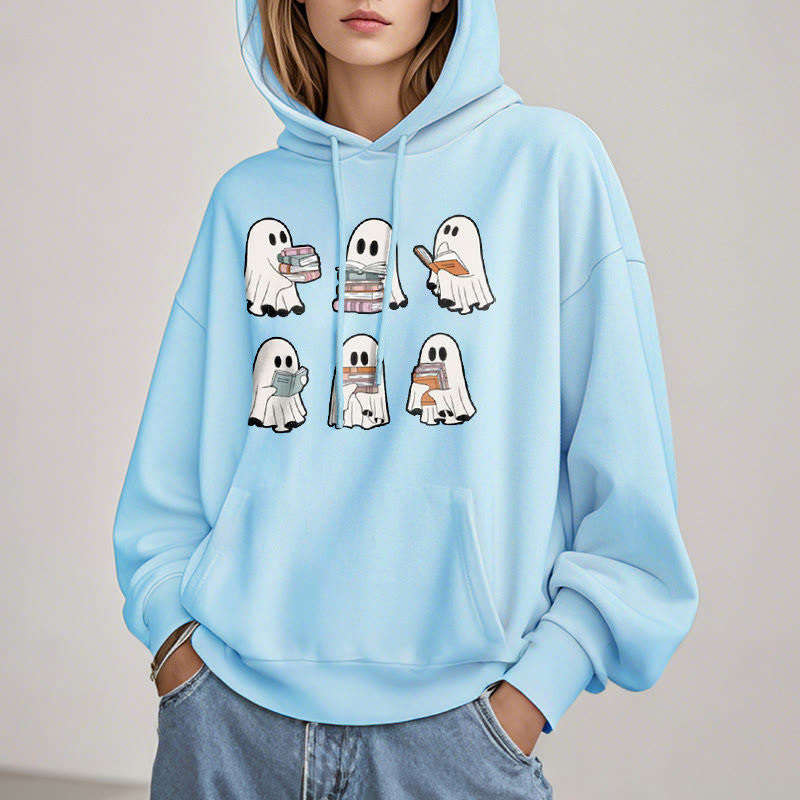 Ghost Reading Books Fleece Lined Hoodie Long Sleeves Hoodie