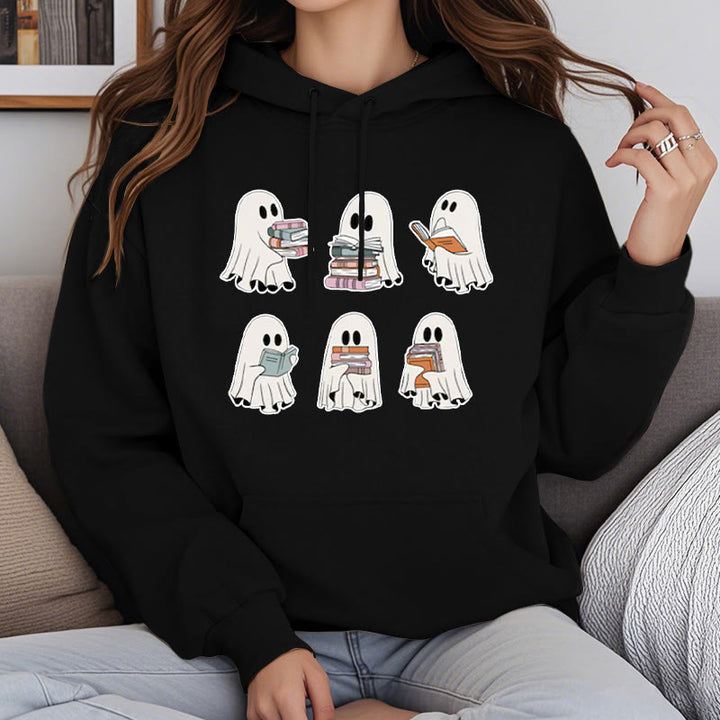 Ghost Reading Books Fleece Lined Hoodie Long Sleeves Hoodie