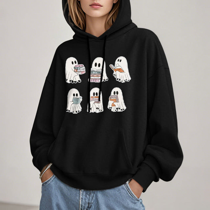 Ghost Reading Books Fleece Lined Hoodie Long Sleeves Hoodie