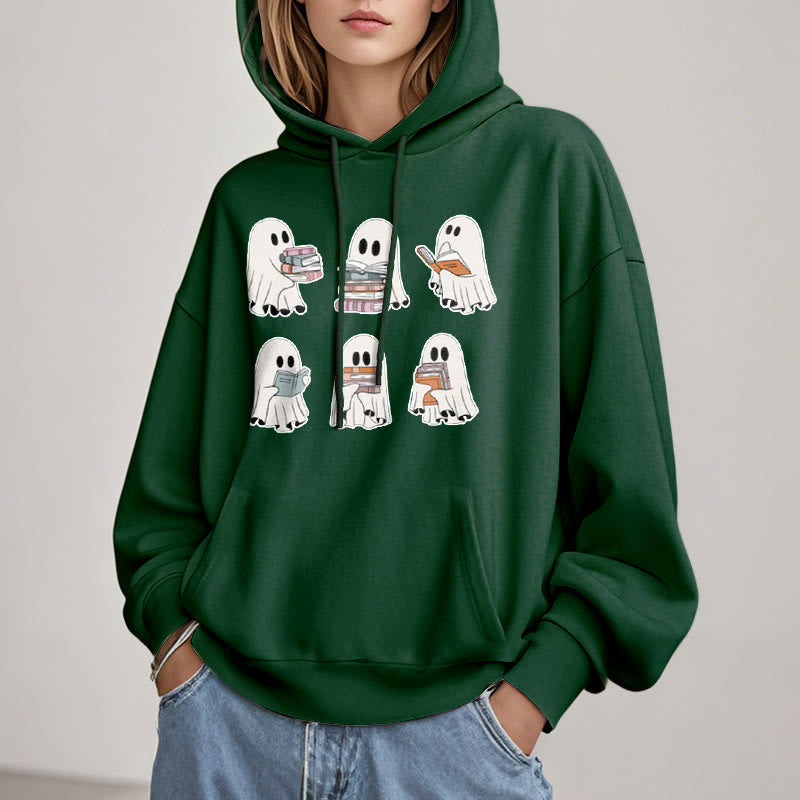 Ghost Reading Books Fleece Lined Hoodie Long Sleeves Hoodie