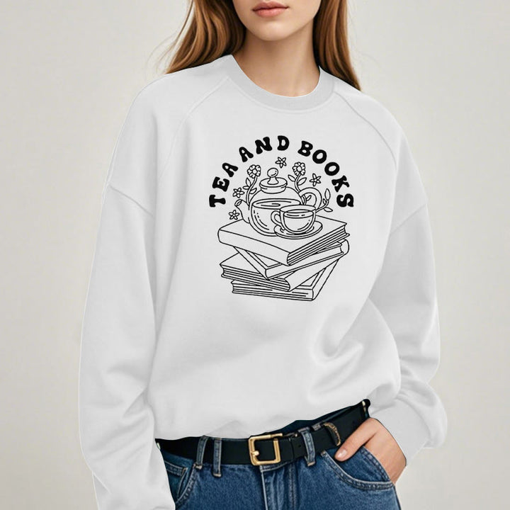 TEA AND BOOKS Womens Crewneck Sweatshirt Pullover