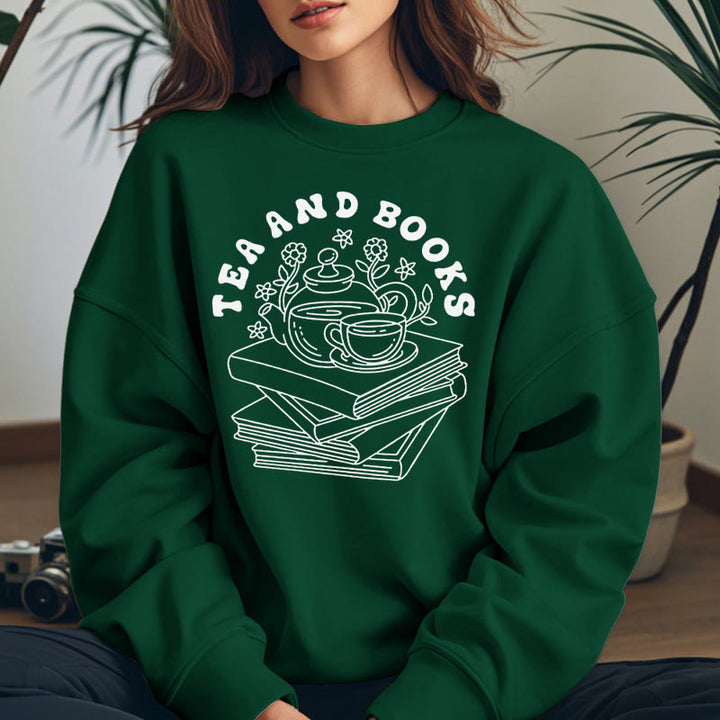 TEA AND BOOKS Womens Crewneck Sweatshirt Pullover