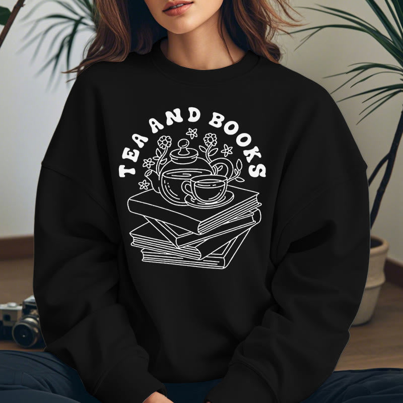 TEA AND BOOKS Womens Crewneck Sweatshirt Pullover