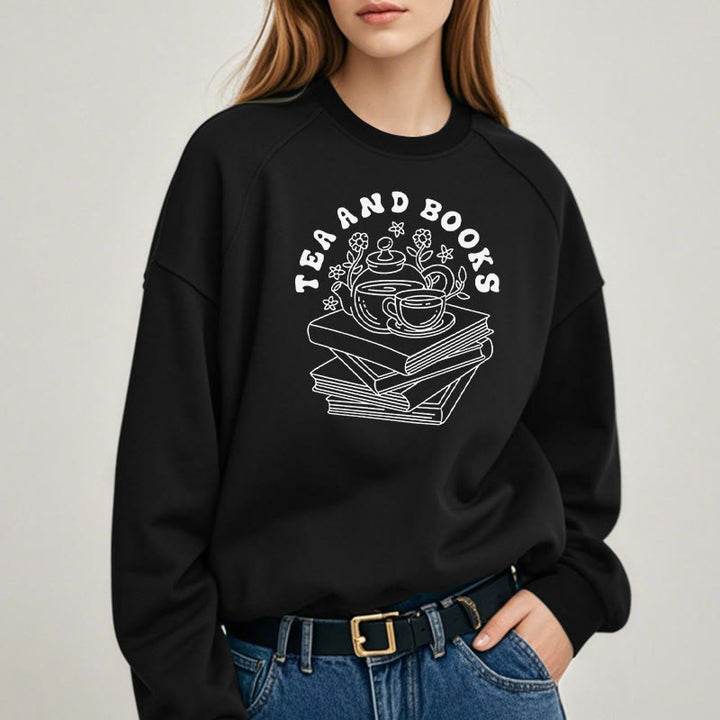 TEA AND BOOKS Womens Crewneck Sweatshirt Pullover