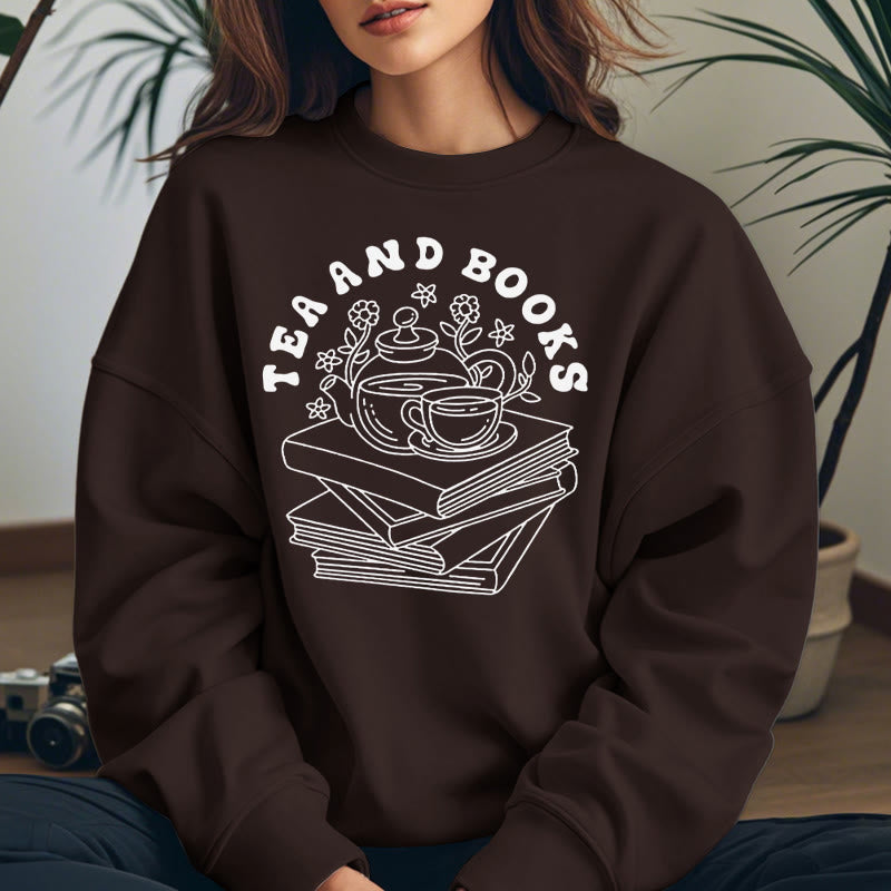 TEA AND BOOKS Womens Crewneck Sweatshirt Pullover