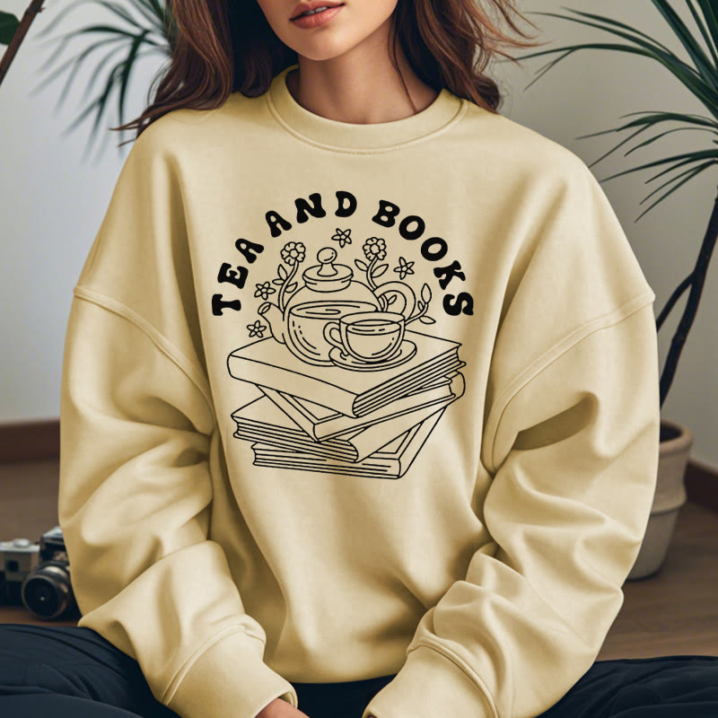 TEA AND BOOKS Womens Crewneck Sweatshirt Pullover