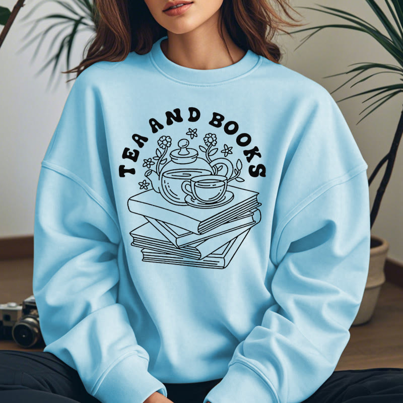 TEA AND BOOKS Womens Crewneck Sweatshirt Pullover