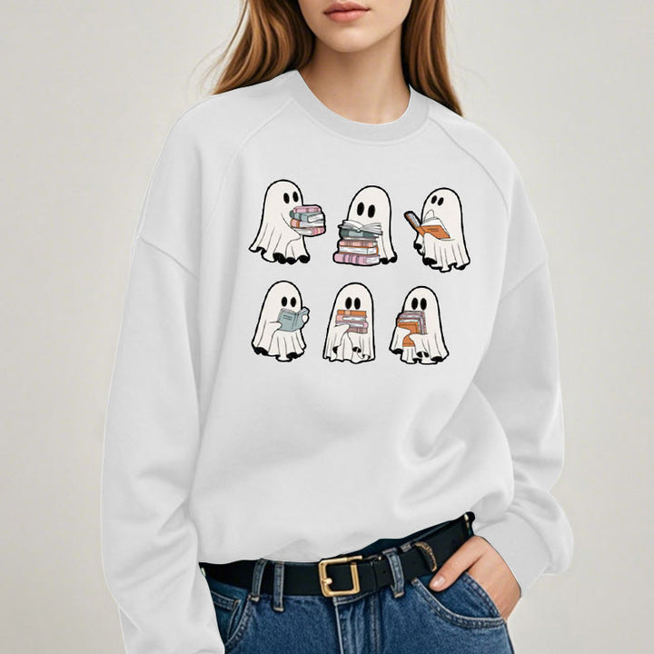 Cute Ghosts And Books Womens Crewneck Sweatshirt Pullover