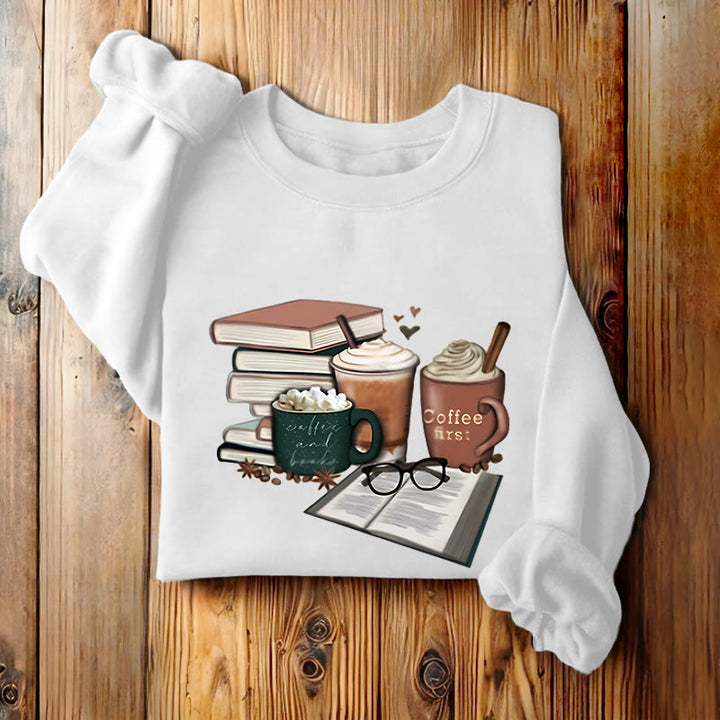 BOOKS AND COFFEES Bookish Womens Crewneck Sweatshirt Pullover