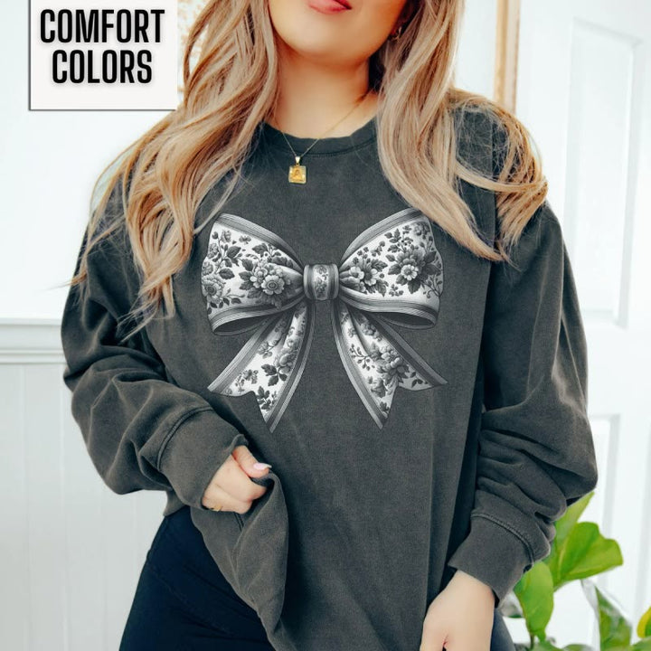 Toile Ribbon Bow Fleece Long Sleeve Sweatshirt Crewneck Sweatshirt Pullover