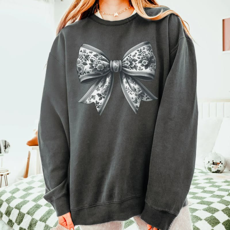 Toile Ribbon Bow Fleece Long Sleeve Sweatshirt Crewneck Sweatshirt Pullover