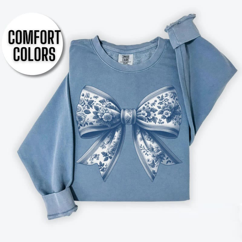 Toile Ribbon Bow Fleece Long Sleeve Sweatshirt Crewneck Sweatshirt Pullover