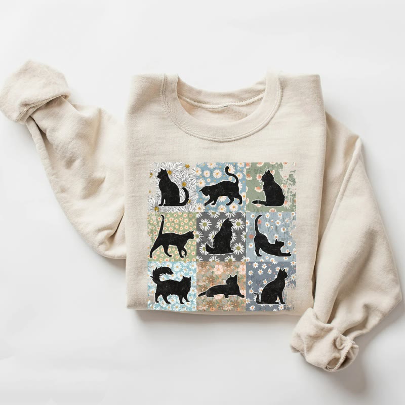 Black Cat Fleece Long Sleeve Sweatshirt Crewneck Sweatshirt Pullover