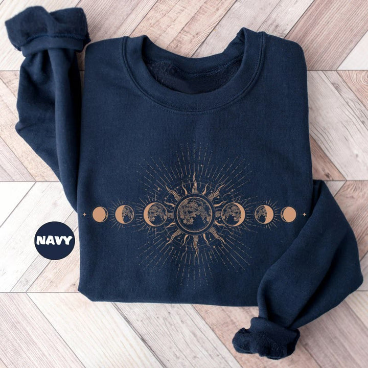 Celestial Moon Phase Fleece Long Sleeve Sweatshirt Crewneck Sweatshirt Pullover