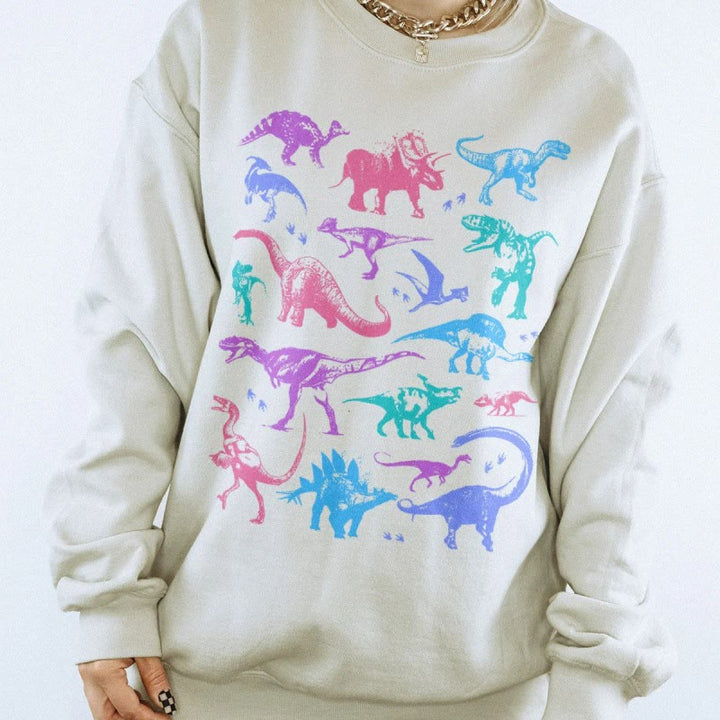 Pastel Dinosaurs Fleece Long Sleeve Sweatshirt Crewneck Sweatshirt Pullover