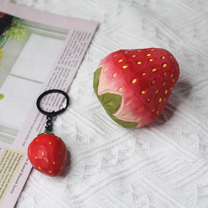 Strawberry And Apple Carved Wooden Sculpture Desktop Deocr For Gift