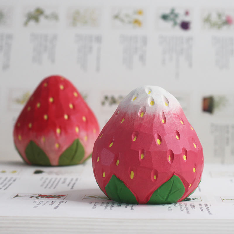 Strawberry And Apple Carved Wooden Sculpture Desktop Deocr For Gift