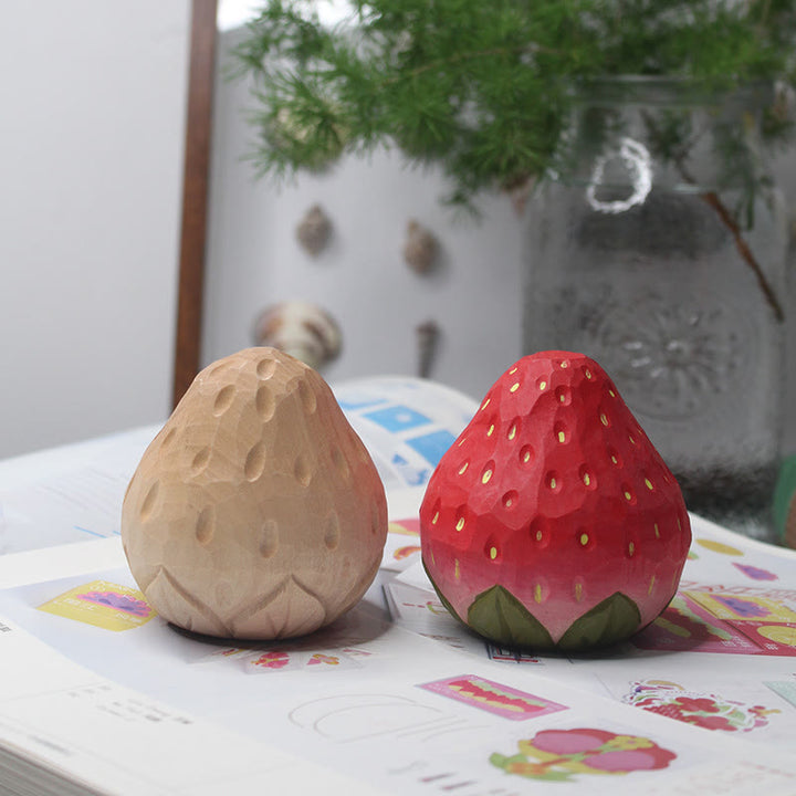 Strawberry And Apple Carved Wooden Sculpture Desktop Deocr For Gift