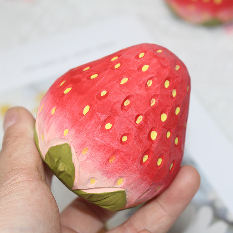 Strawberry And Apple Carved Wooden Sculpture Desktop Deocr For Gift