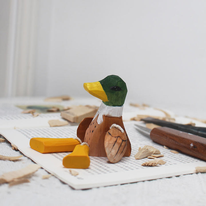 Green Duck Carved Wooden Sculpture Desktop Deocr For Gift