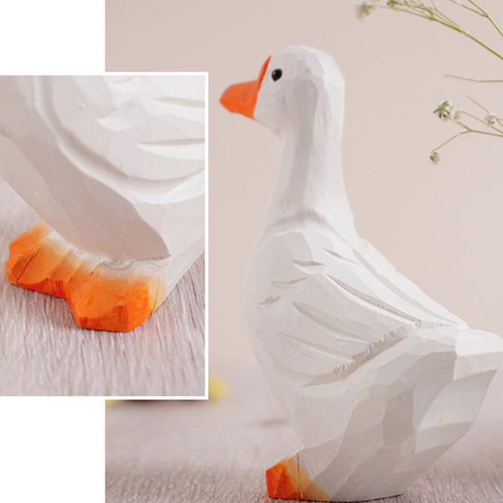 White Goose Carved Wooden Sculpture Desktop Deocr For Gift