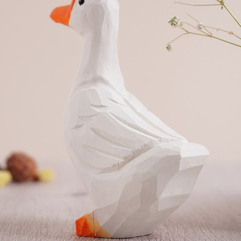 White Goose Carved Wooden Sculpture Desktop Deocr For Gift