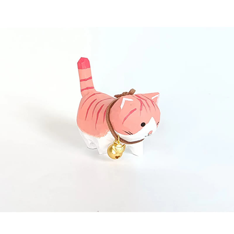 Cute Bell Cat Carved Wooden Sculpture Desktop Deocr For Gift