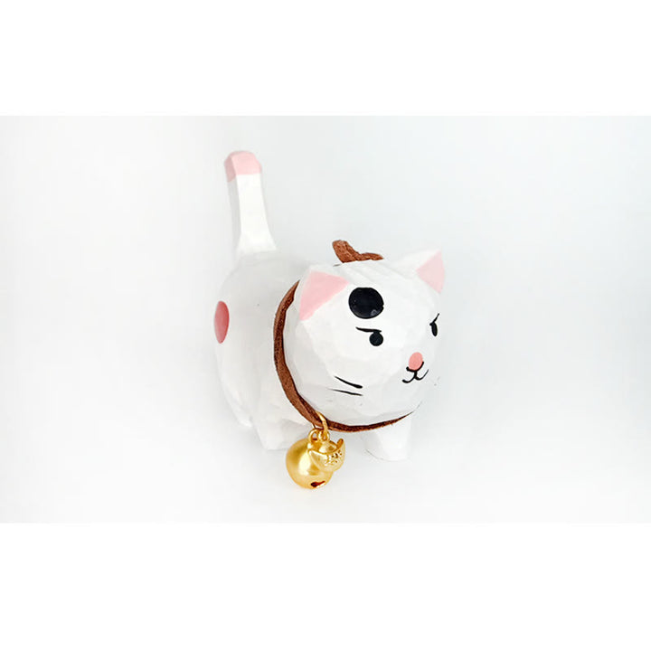 Cute Bell Cat Carved Wooden Sculpture Desktop Deocr For Gift