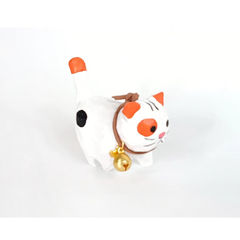 Cute Bell Cat Carved Wooden Sculpture Desktop Deocr For Gift