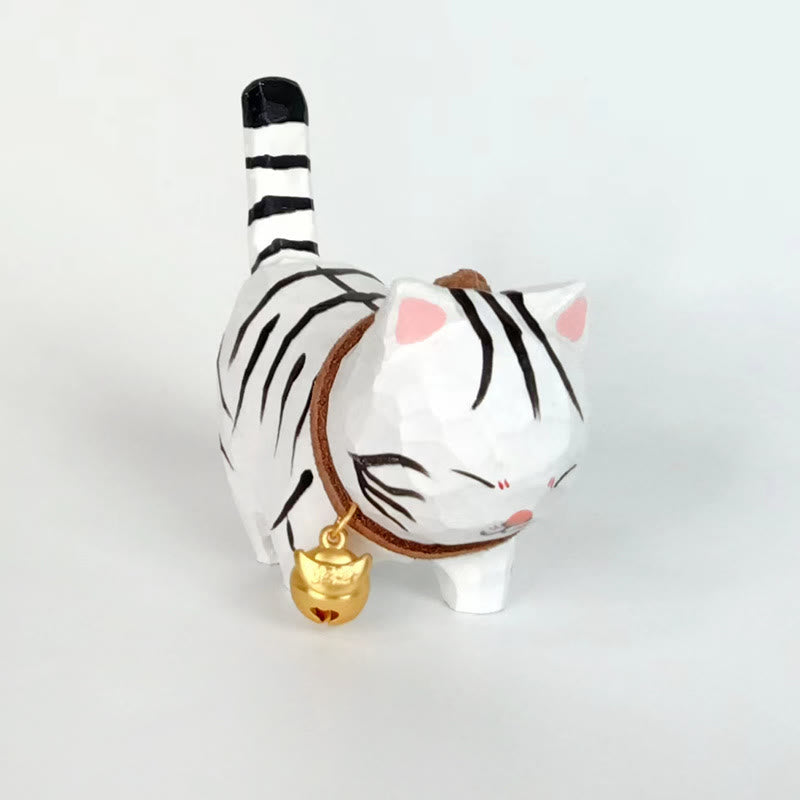 Cute Bell Cat Carved Wooden Sculpture Desktop Deocr For Gift