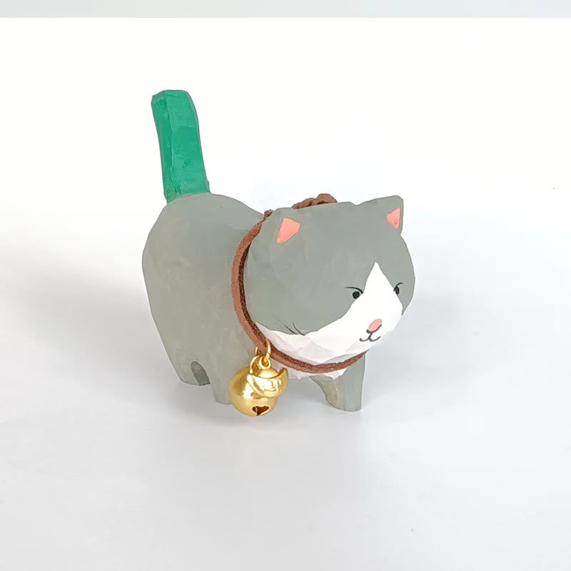 Cute Bell Cat Carved Wooden Sculpture Desktop Deocr For Gift