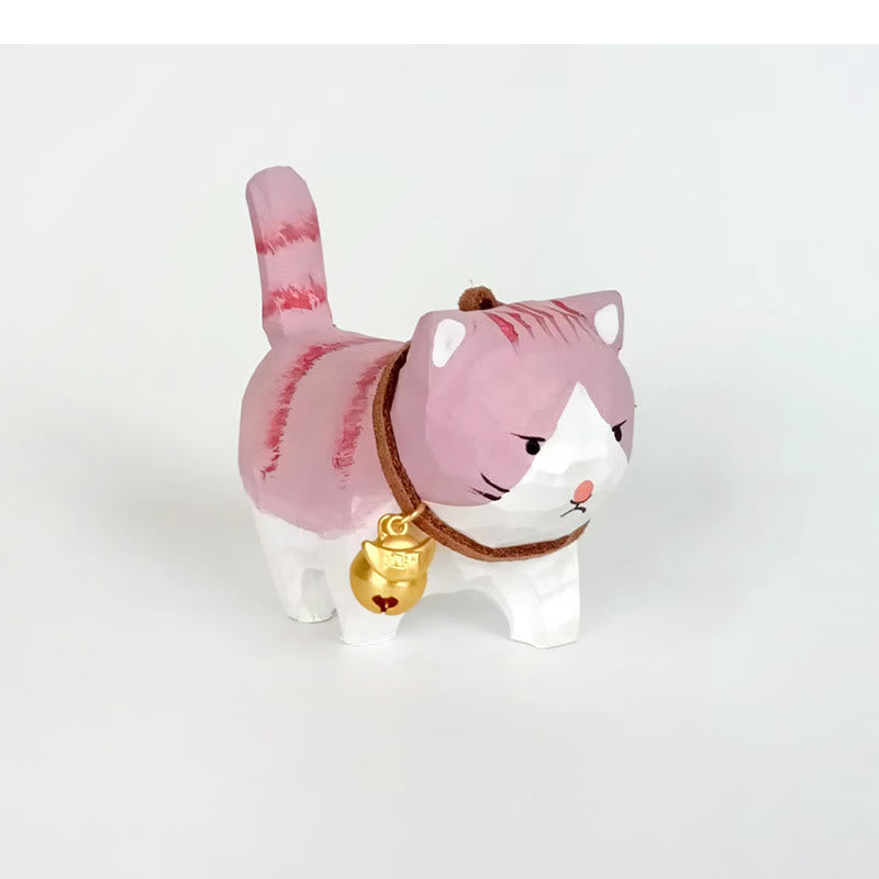 Cute Bell Cat Carved Wooden Sculpture Desktop Deocr For Gift