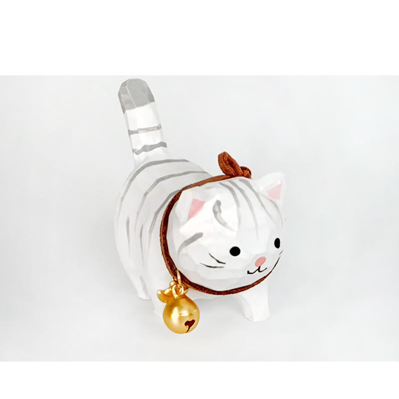 Cute Bell Cat Carved Wooden Sculpture Desktop Deocr For Gift