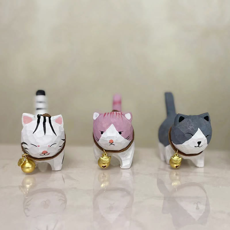 Cute Bell Cat Carved Wooden Sculpture Desktop Deocr For Gift