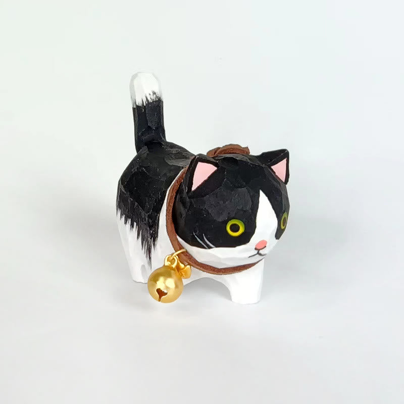 Cute Bell Cat Carved Wooden Sculpture Desktop Deocr For Gift