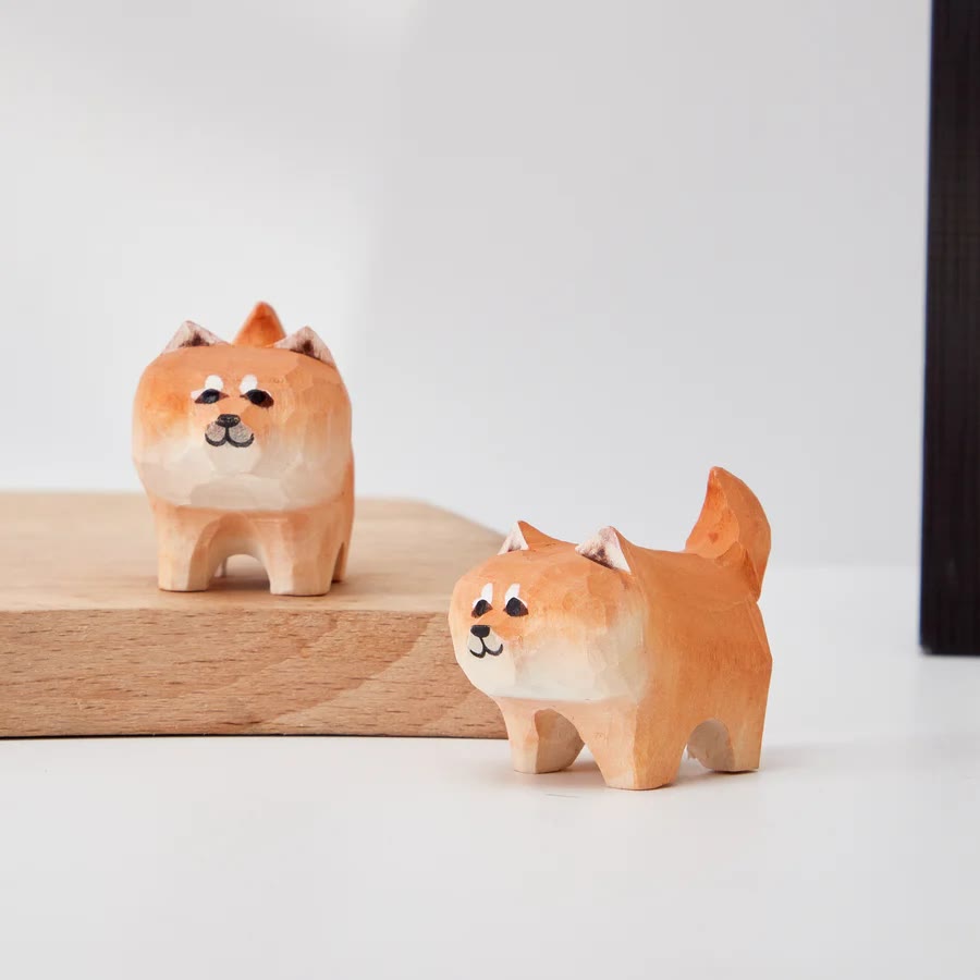 Shiba Inu Carved Wooden Sculpture Desktop Deocr For Gift