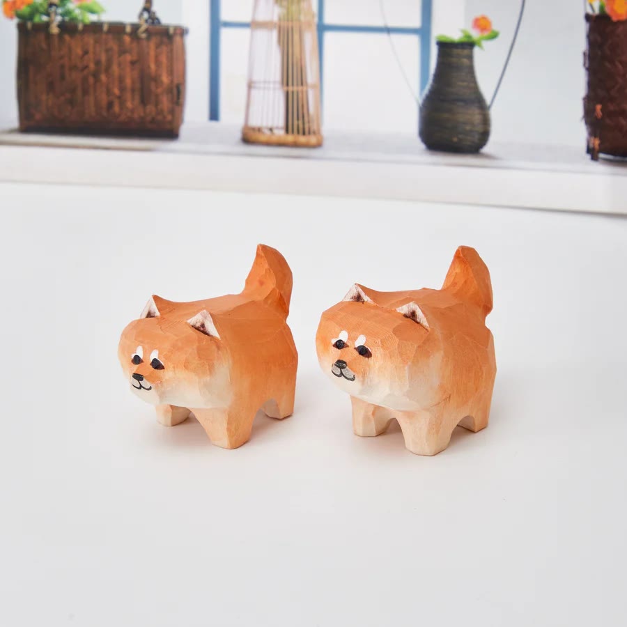 Shiba Inu Carved Wooden Sculpture Desktop Deocr For Gift