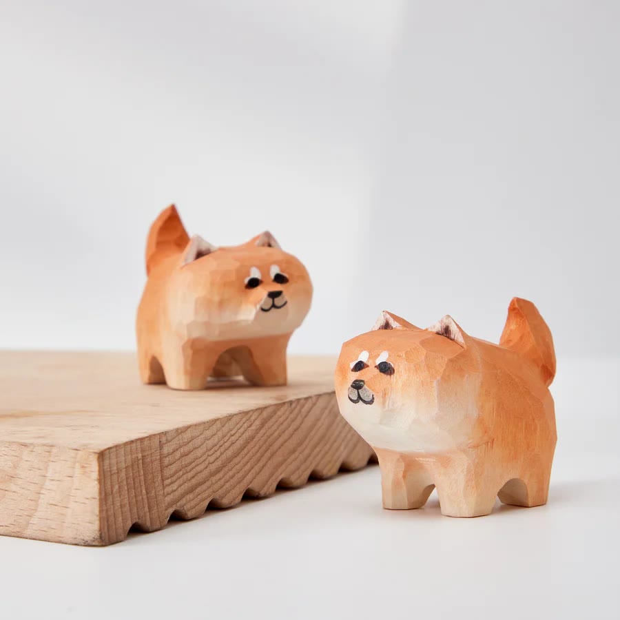 Shiba Inu Carved Wooden Sculpture Desktop Deocr For Gift