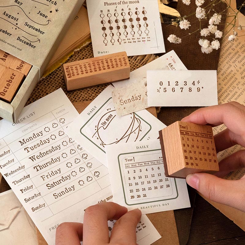 Time Travel Series Wooden Rubber Stamps Date Pattern Set For Craft